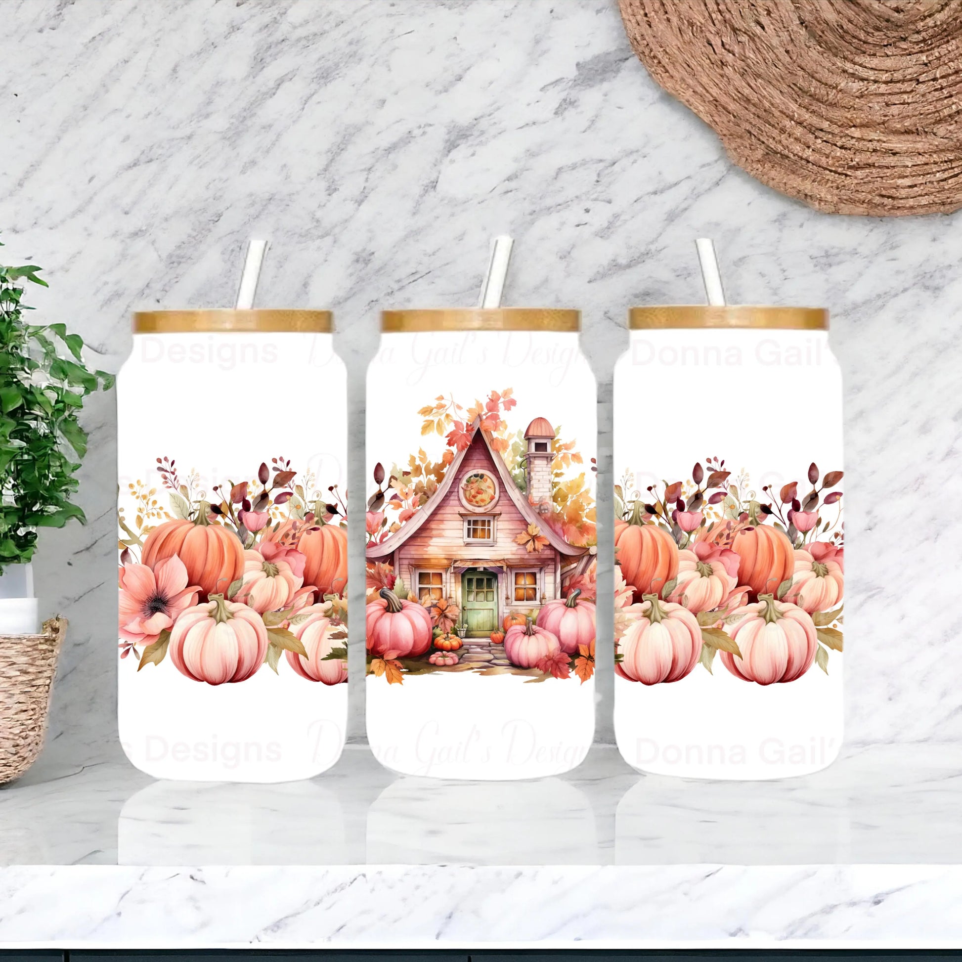 Pink/Peach Pumpkins with House - 16 oz Glass Can Wrap - digital file (Copy) Donna Gail's Designs