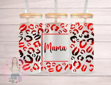 Red & Black Leopard Mama  - 16 oz Glass Can Wrap - digital file Donna Gail's Designs